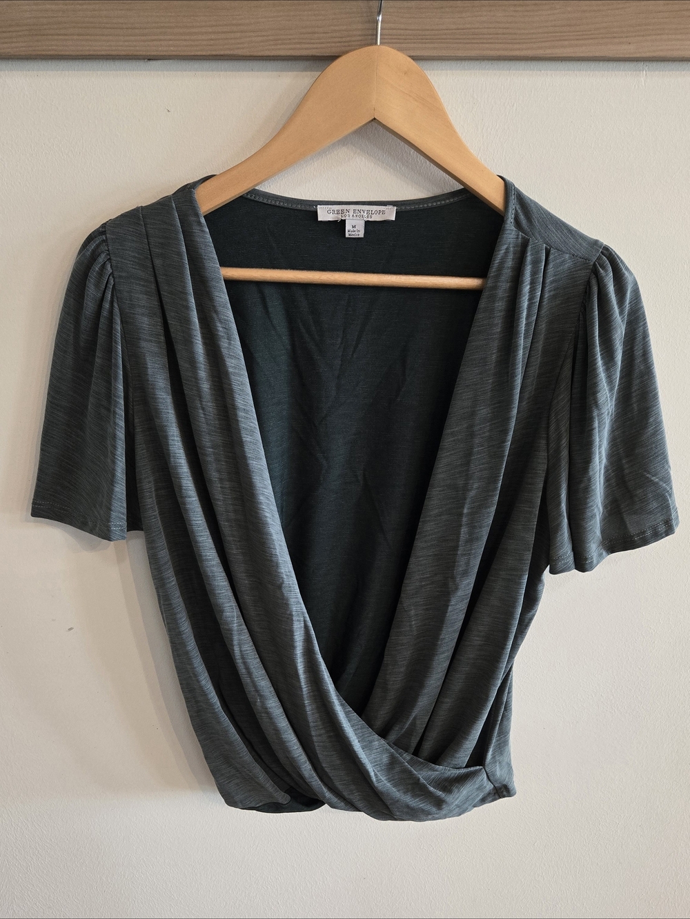 Green Envelope Draped V-Neck Short Sleeve Top in Slate Green